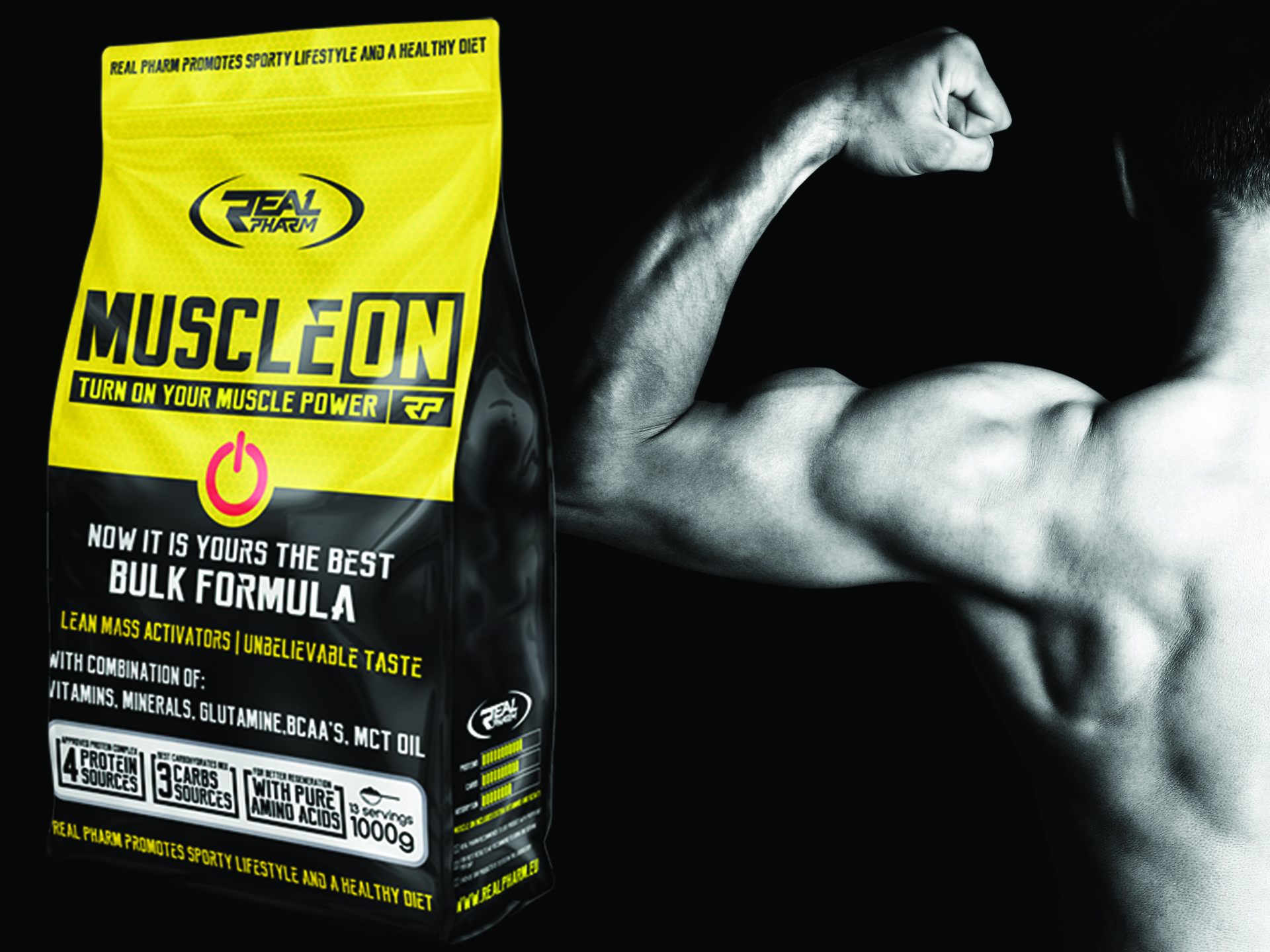 REAL PHARM Muscle On - 1000g – REAL PHARM | Mass Gainery | Muscle Power Váš obchod s doplňky a výživou