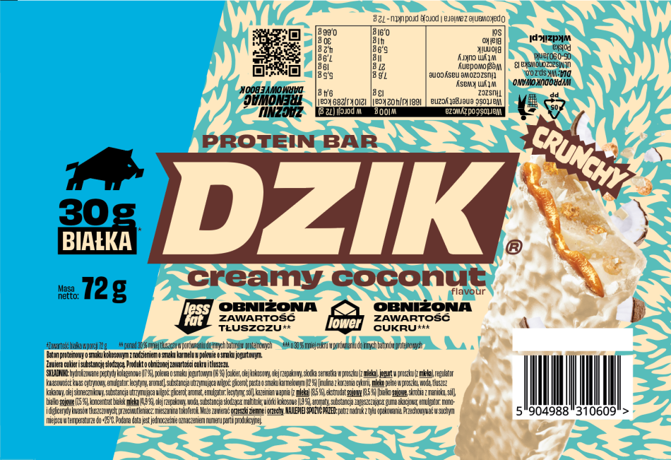 DZIK - Proteinová tyčinka křupavá - 72g - Krémový kokos