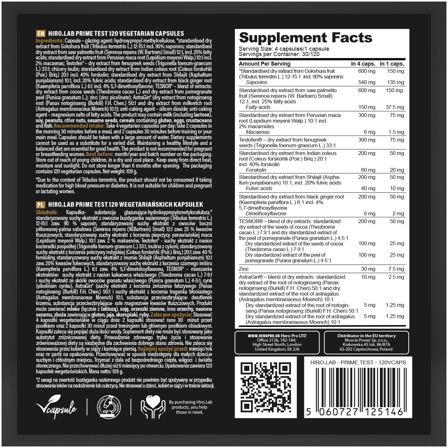 HIRO.LAB Prime Test - 120vcaps. + Magnet - 90vcaps.
