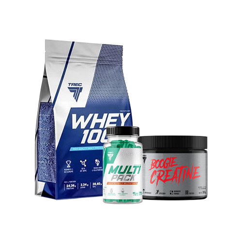 Protein TREC 100% Whey Chocolate 900g + Kreatin TREC Creatine Natural 300g + Vitamíny TREC Multi Pack 60 kapslí