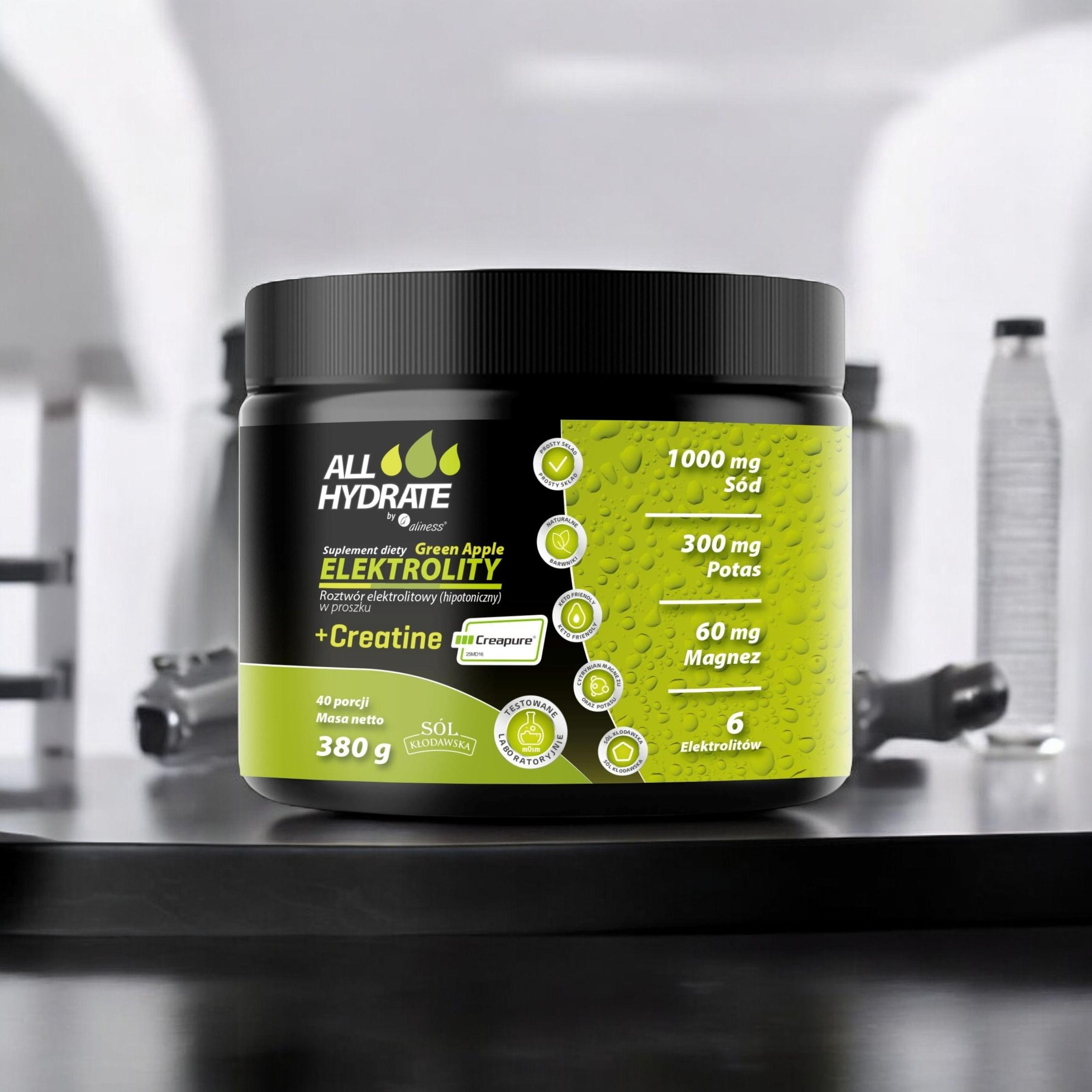 ALINESS - All Hydrate Elektolity+Creatine Creapure - 380g - Zelené Jablko