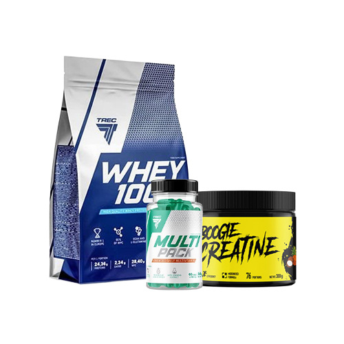 Protein TREC 100% Whey Chocolate 900g + Kreatin TREC Creatine Tropical 300g + Vitamíny TREC Multi Pack 60 kapslí