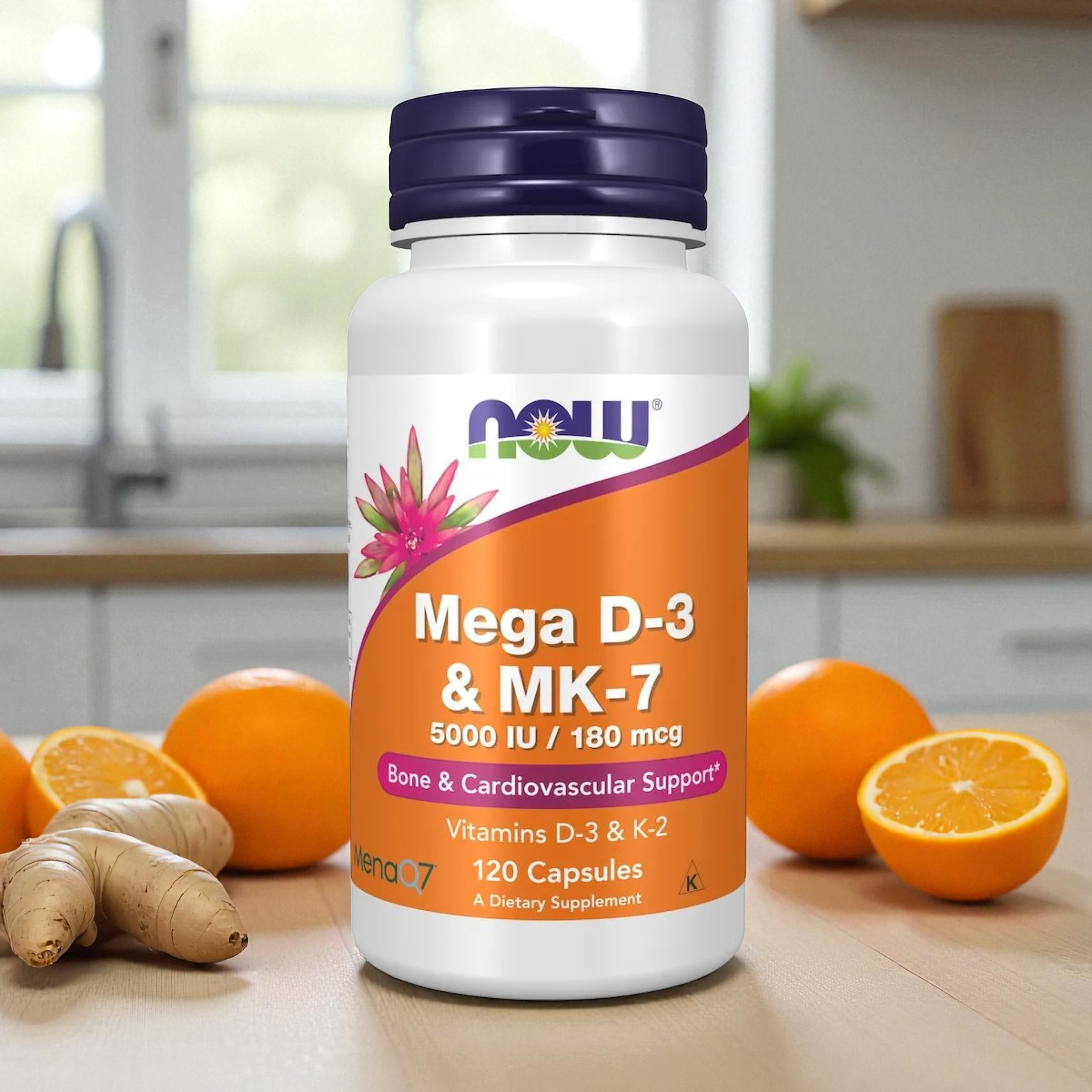 NOW - Mega D3 5000IU & K2 MK-7 180mcg - 120 rostlinných kapslí.