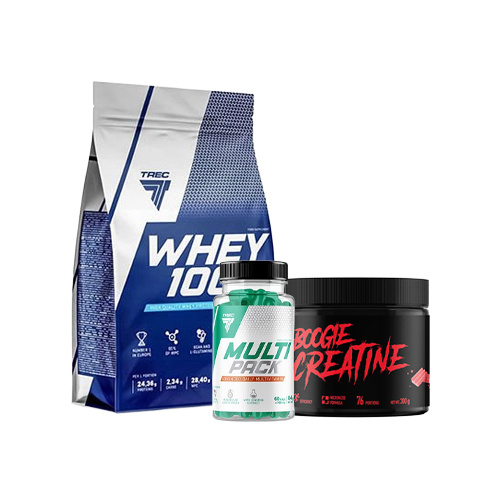 Protein TREC 100% Whey Chocolate 900g + Kreatin TREC Creatine Bubble Gum 300g + Vitamíny TREC Multi Pack 60 kapslí