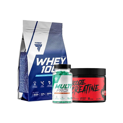 Protein TREC 100% Whey Chocolate 900g + Kreatin TREC Creatine Candy 300g + Vitamíny TREC Multi Pack 60 kapslí