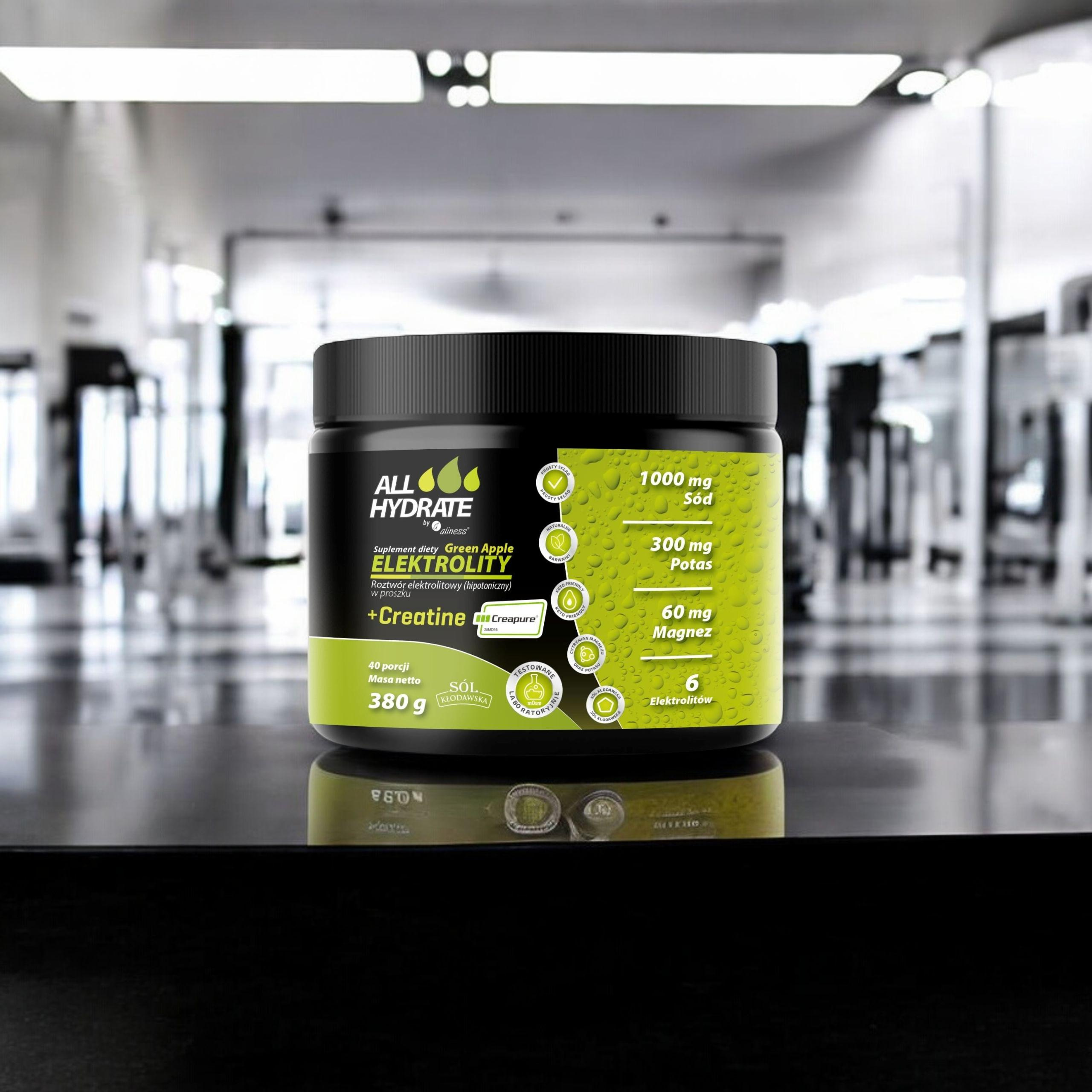 ALINESS - All Hydrate Elektolity+Creatine Creapure - 380g - Zelené Jablko